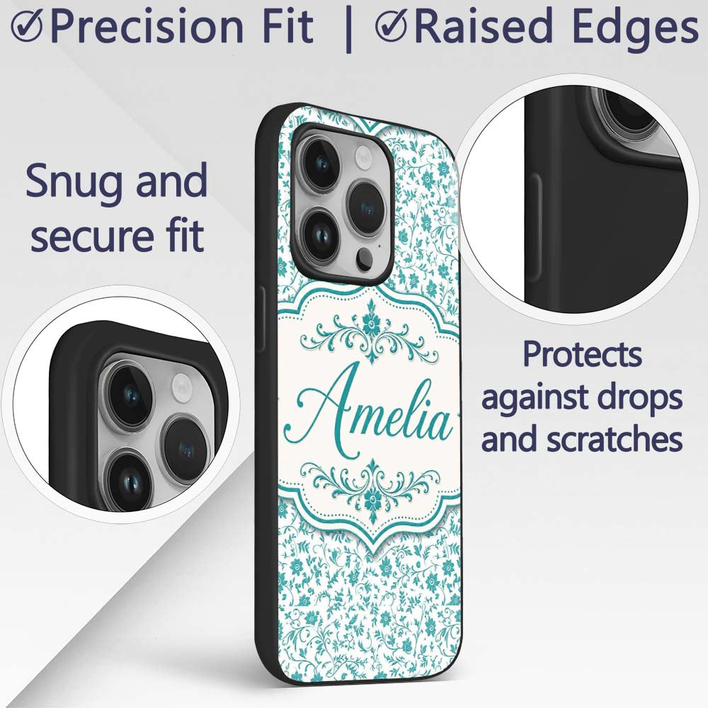 Teal Floral Vine Pattern with Delicate Botanical Custom Name Protective Phone Case Mobile Cover Durable Everyday Smartphone Shock Resistant