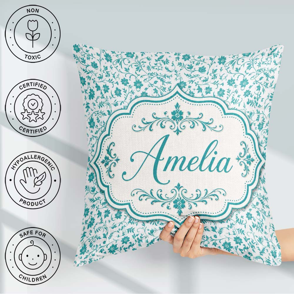 Custom Name Teal Floral Vine Pattern Delicate Botanical Seamless Square Filled Cushion Throw Pillow Sofa Bed Home Decor Zip Washable UK Made