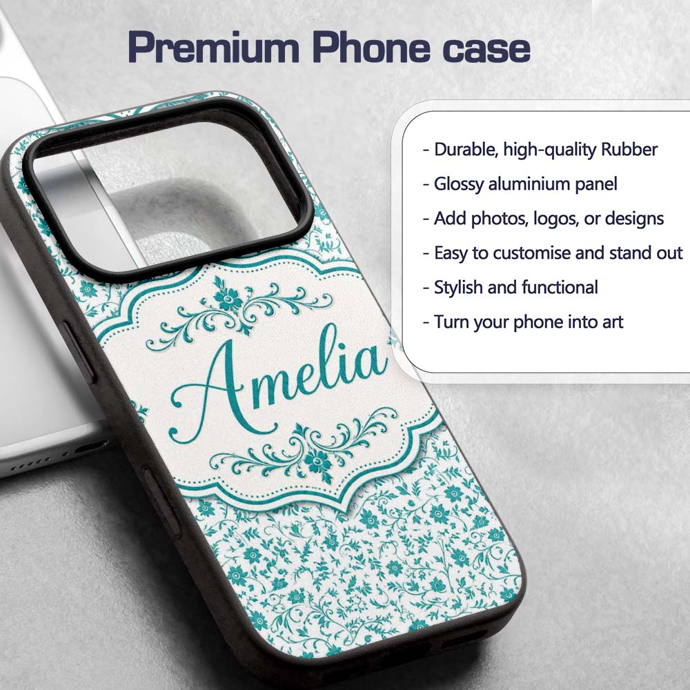 Teal Floral Vine Pattern with Delicate Botanical Custom Name Protective Phone Case Mobile Cover Durable Everyday Smartphone Shock Resistant