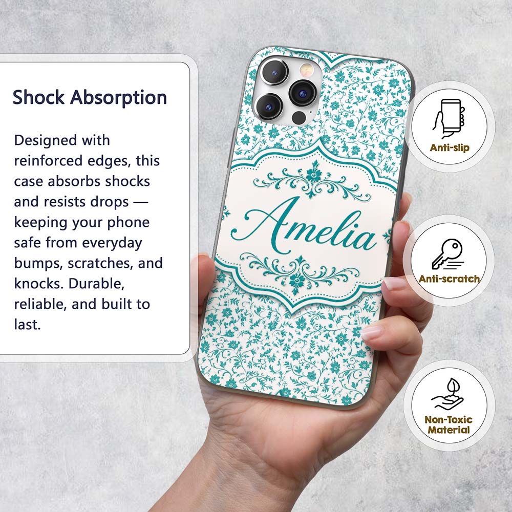 Teal Floral Vine Pattern with Delicate Botanical Custom Name Protective Phone Case Mobile Cover Durable Everyday Smartphone Shock Resistant