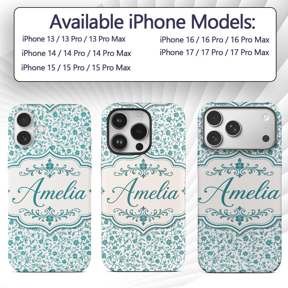 Teal Floral Vine Pattern with Delicate Botanical Custom Name Protective Phone Case Mobile Cover Durable Everyday Smartphone Shock Resistant