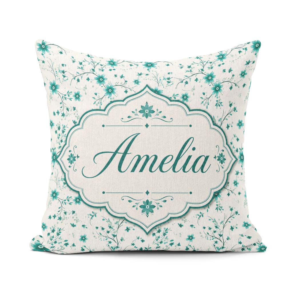 Custom Name Teal Daisy Flower with Fine Botanical Stems Seamless Square Filled Cushion Throw Pillow Sofa Bed Home Decor Zip Washable UK Made