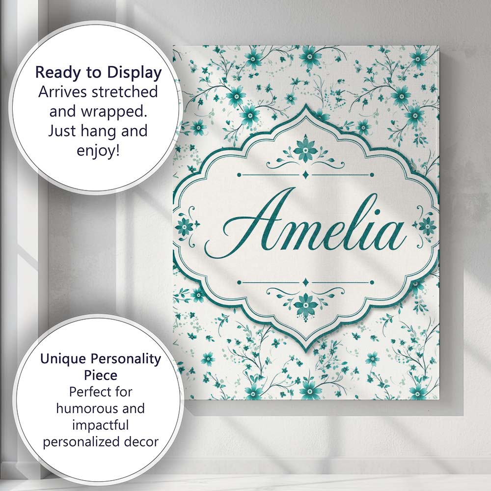 Personalised Name Teal Daisy Flower Pattern Custom Bespoke Interior Contemporary Canvas Wall Art Print Decor Picture Ready to Hang