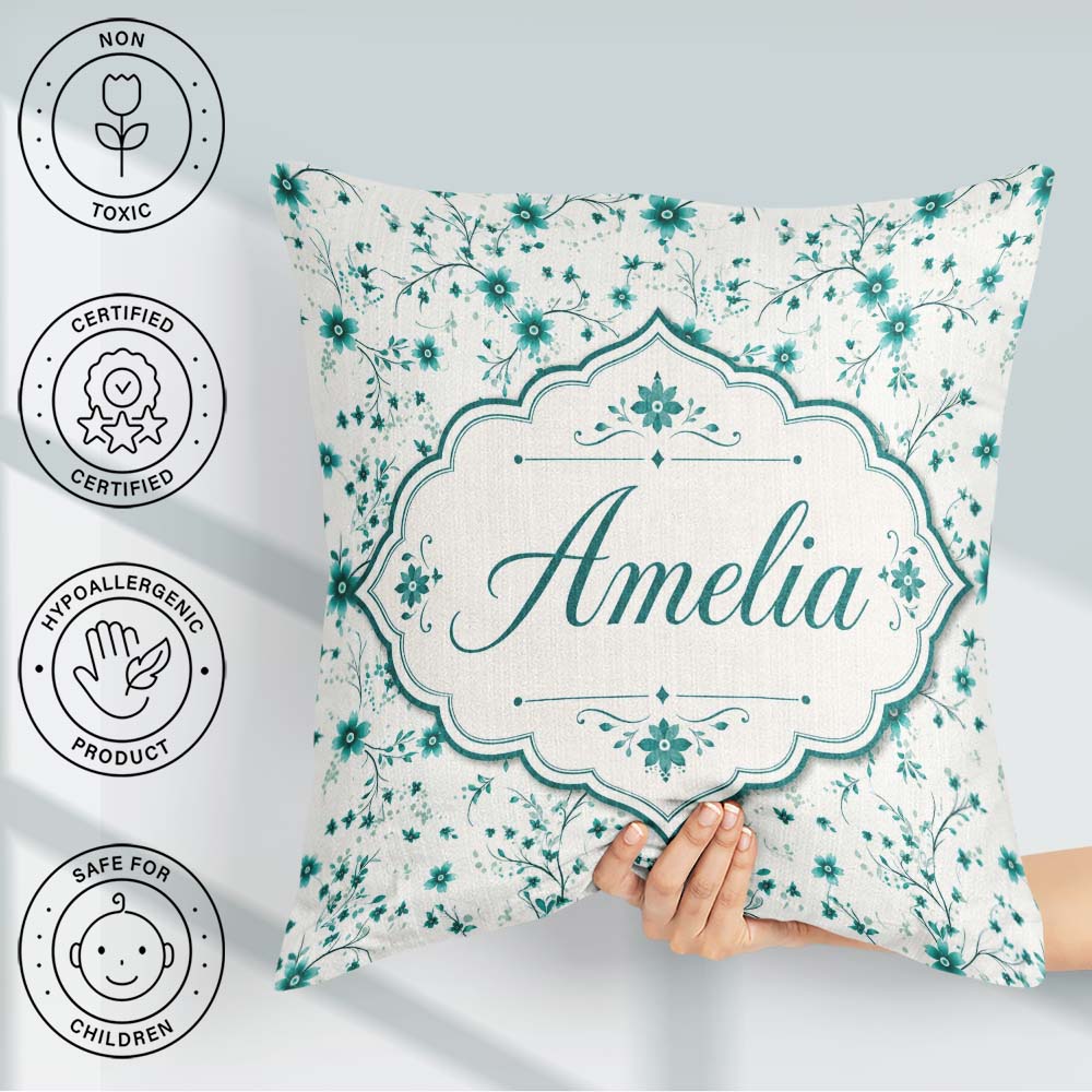 Custom Name Teal Daisy Flower with Fine Botanical Stems Seamless Square Filled Cushion Throw Pillow Sofa Bed Home Decor Zip Washable UK Made
