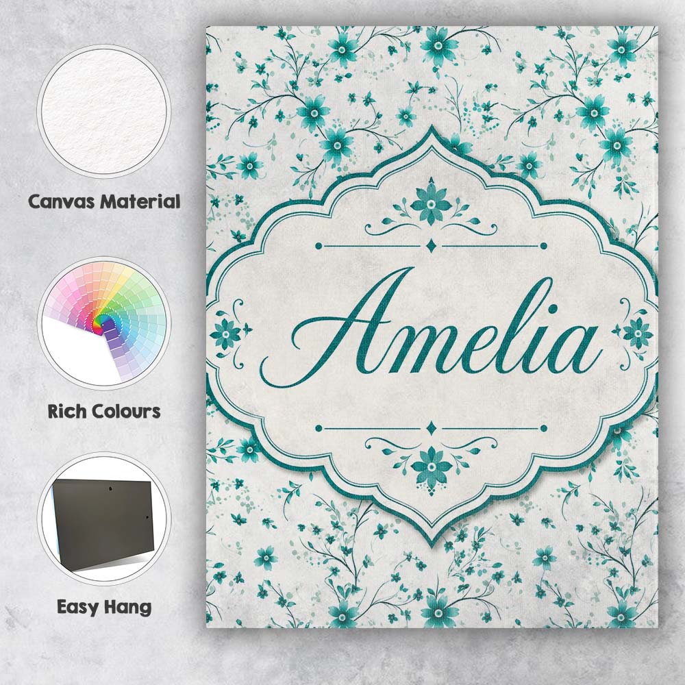 Personalised Name Teal Daisy Flower Pattern Custom Bespoke Interior Contemporary Canvas Wall Art Print Decor Picture Ready to Hang