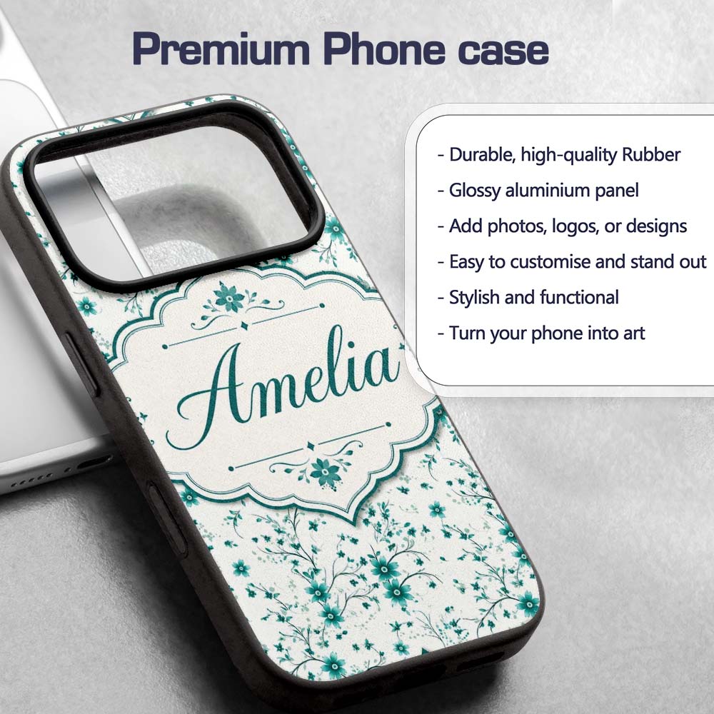 Teal Daisy Flower Pattern with Fine Botanical Custom Name Protective Phone Case Mobile Cover Durable Everyday Smartphone Shock Resistant