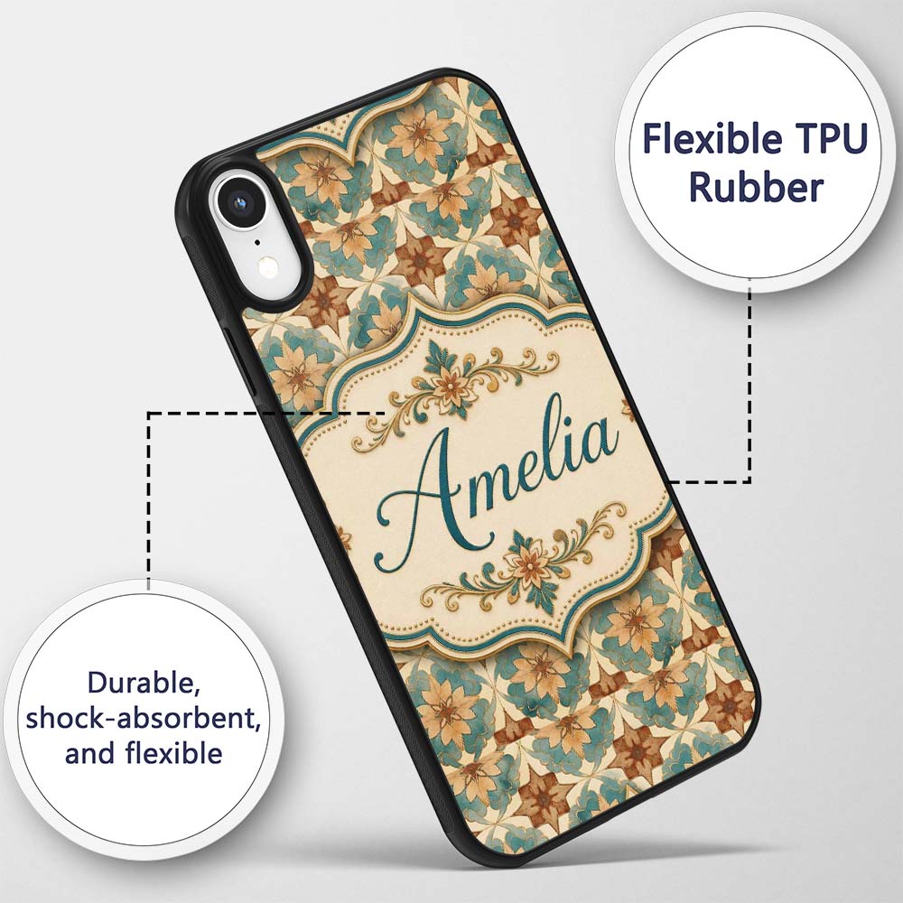 Vintage Teal and Brown Floral Tile Pattern with Custom Name Protective Phone Case Mobile Cover Durable Everyday Smartphone Shock Resistant