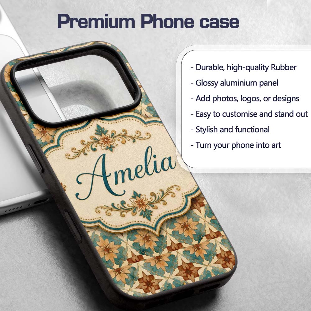 Vintage Teal and Brown Floral Tile Pattern with Custom Name Protective Phone Case Mobile Cover Durable Everyday Smartphone Shock Resistant