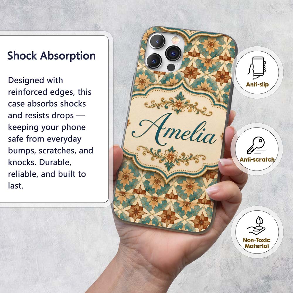 Vintage Teal and Brown Floral Tile Pattern with Custom Name Protective Phone Case Mobile Cover Durable Everyday Smartphone Shock Resistant