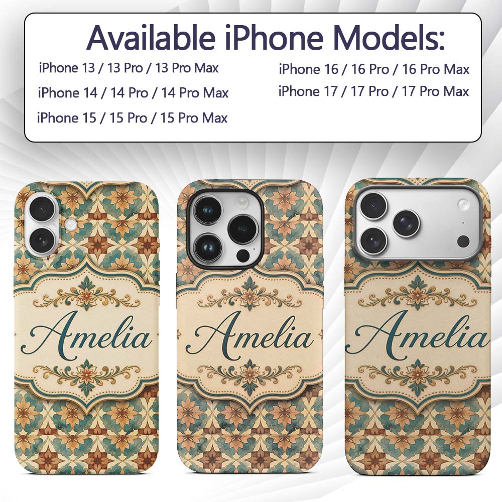 Vintage Teal and Brown Floral Tile Pattern with Custom Name Protective Phone Case Mobile Cover Durable Everyday Smartphone Shock Resistant