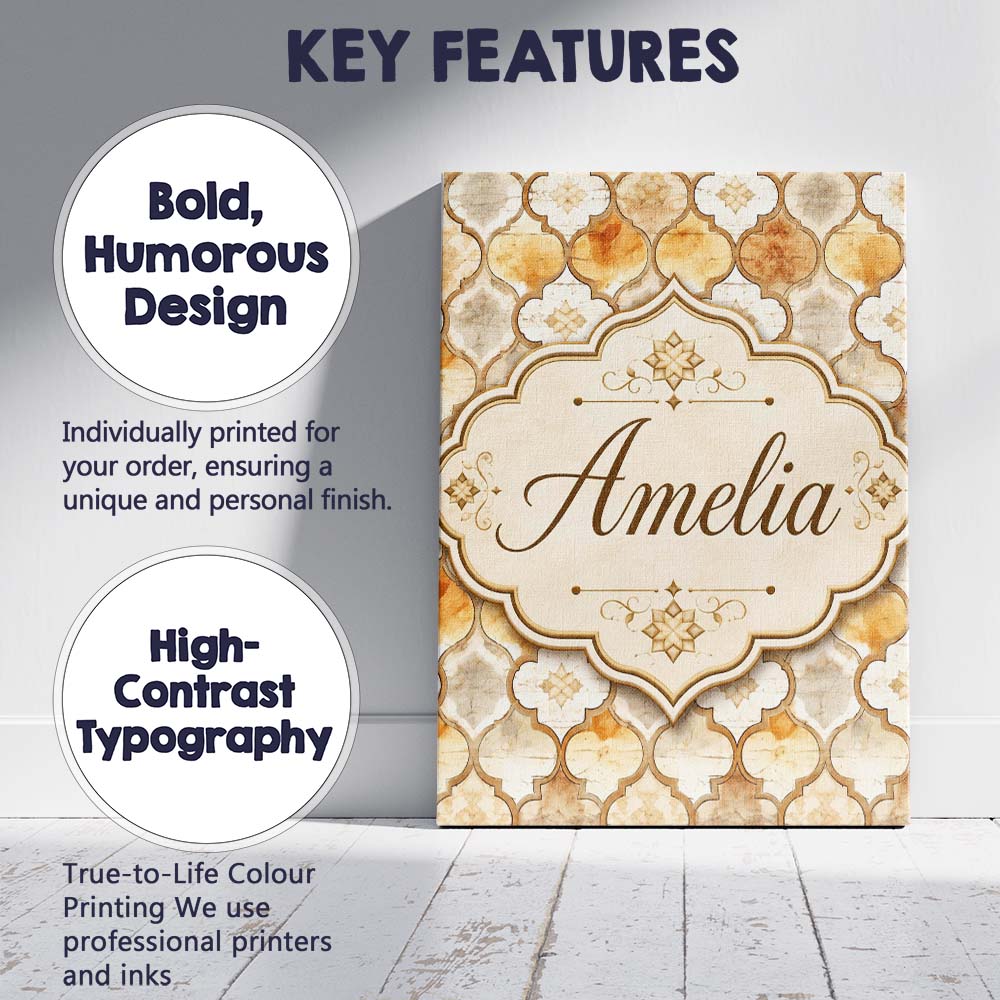 Personalised Name Warm Beige Moroccan Tile Custom Unique Gift Idea Elegant Feature Canvas Wall Art Print Decor Picture Ready to Hang