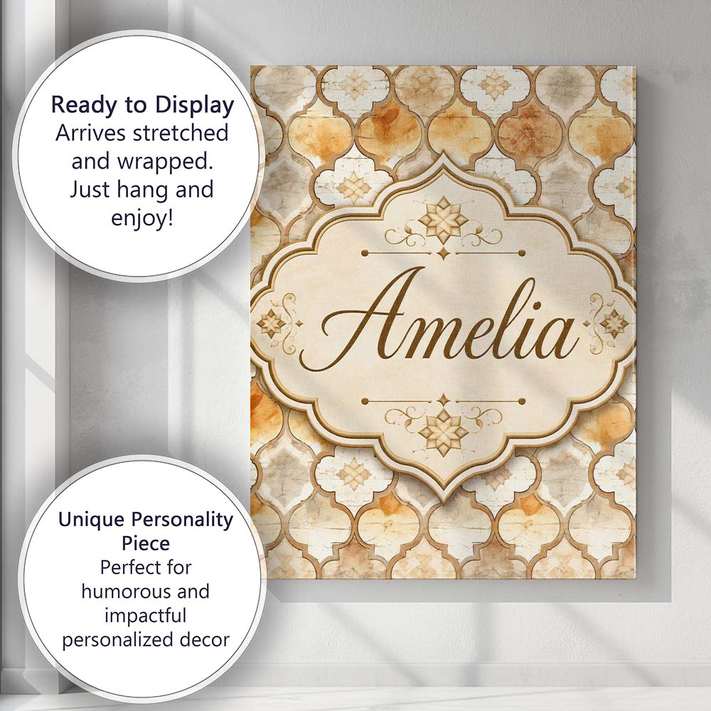 Personalised Name Warm Beige Moroccan Tile Custom Unique Gift Idea Elegant Feature Canvas Wall Art Print Decor Picture Ready to Hang