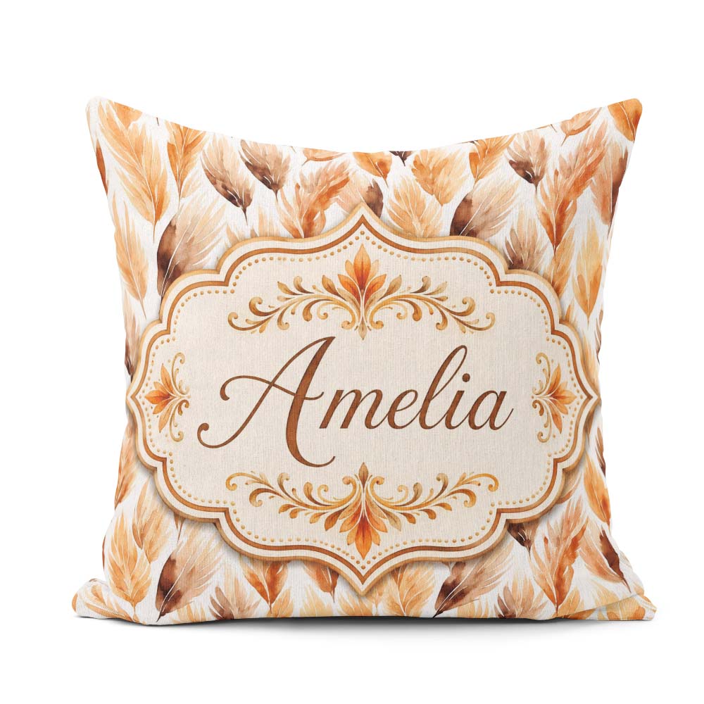 Custom Name Autumn Feather Pattern in Warm Brown and Beige Tones Square Filled Cushion Throw Pillow Sofa Bed Home Decor Zip Washable UK Made