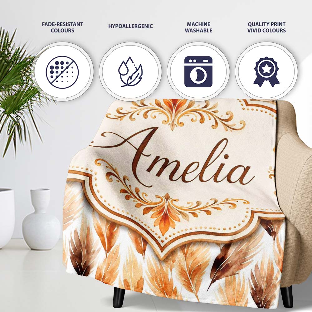 Autumn Watercolor Feather Pattern in Warm Brown and Beige Tones Personalised Custom Name Super Soft Fleece Blanket Bed Sofa Throw