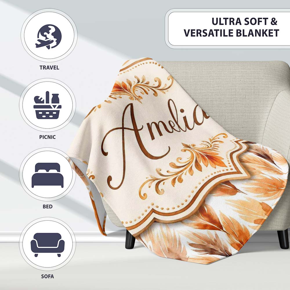 Autumn Watercolor Feather Pattern in Warm Brown and Beige Tones Personalised Custom Name Super Soft Fleece Blanket Bed Sofa Throw