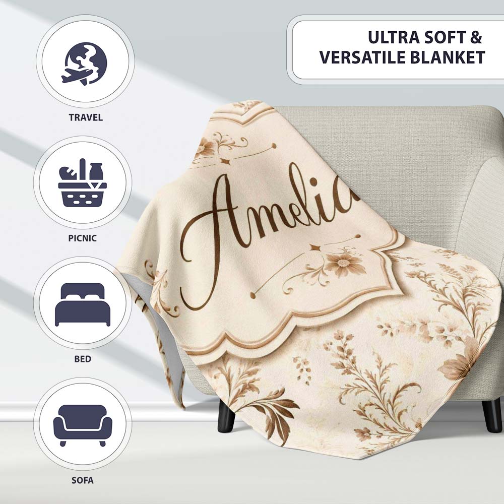 Vintage Beige Floral Pattern with Soft Botanical Sprigs Seamless Personalised Custom Name Super Soft Fleece Blanket Bed Sofa Throw
