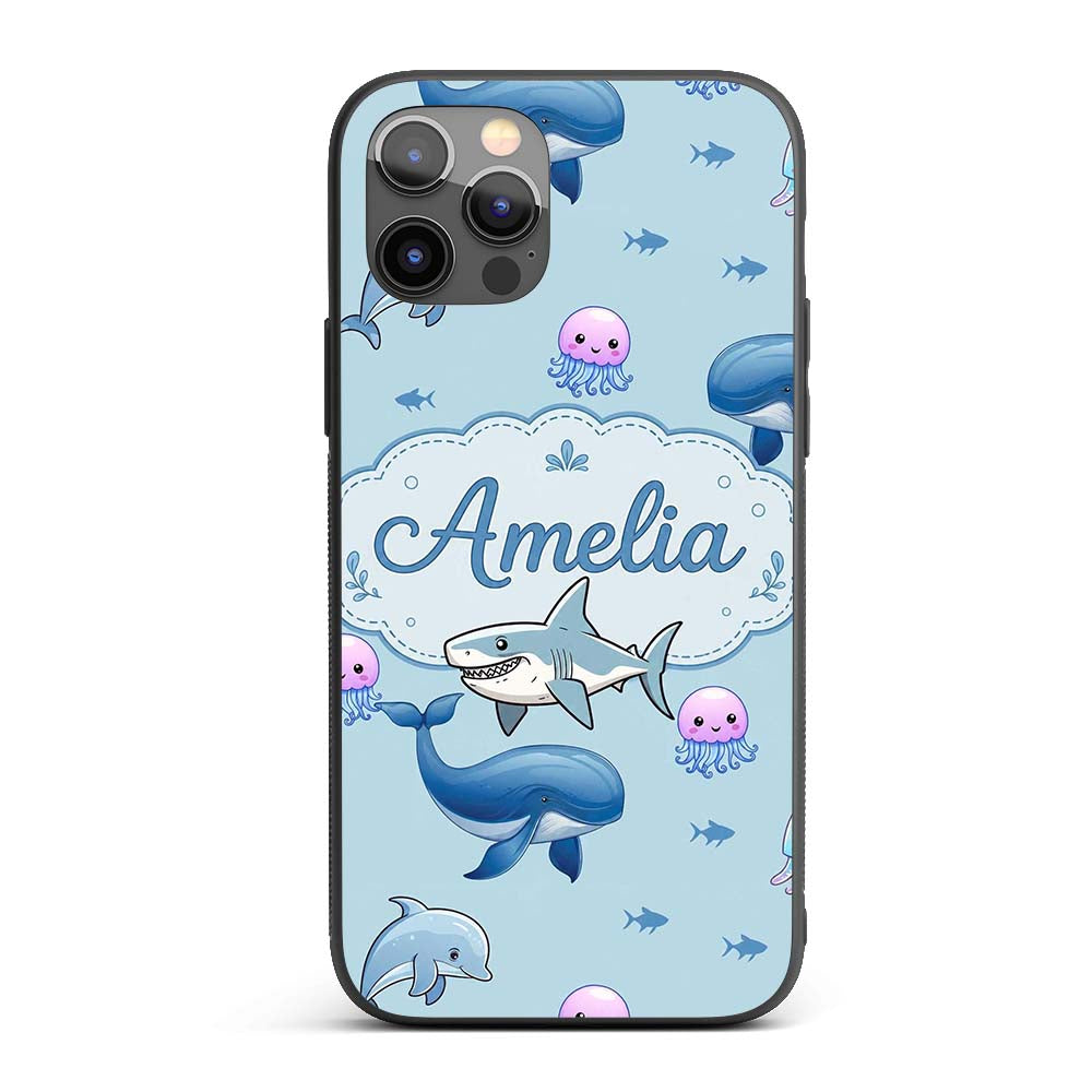 Cute Dolphin Shark and Jellyfish Ocean Animals Custom Name Protective Phone Case Mobile Cover Durable Everyday Smartphone Shock Resistant