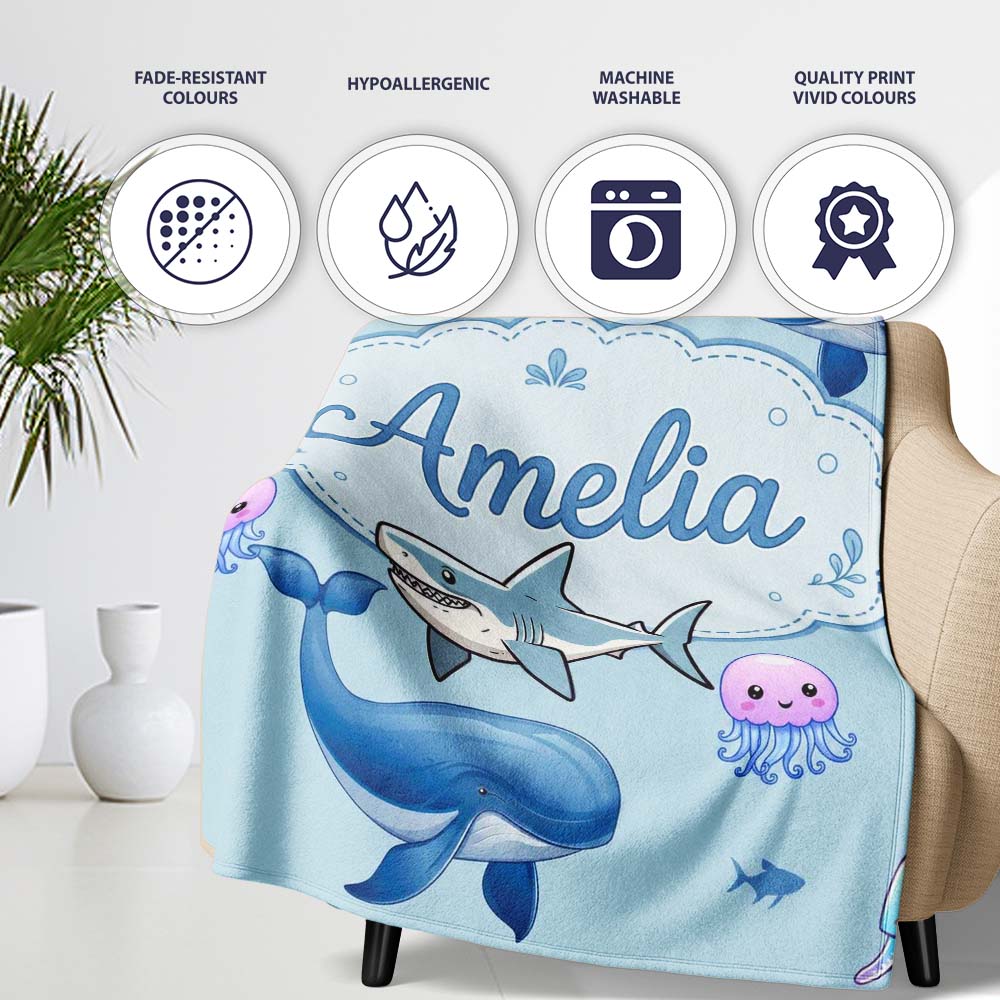 Cute Dolphin Shark and Jellyfish Ocean Animals Seamless Pattern Personalised Custom Name Super Soft Fleece Blanket Bed Sofa Throw