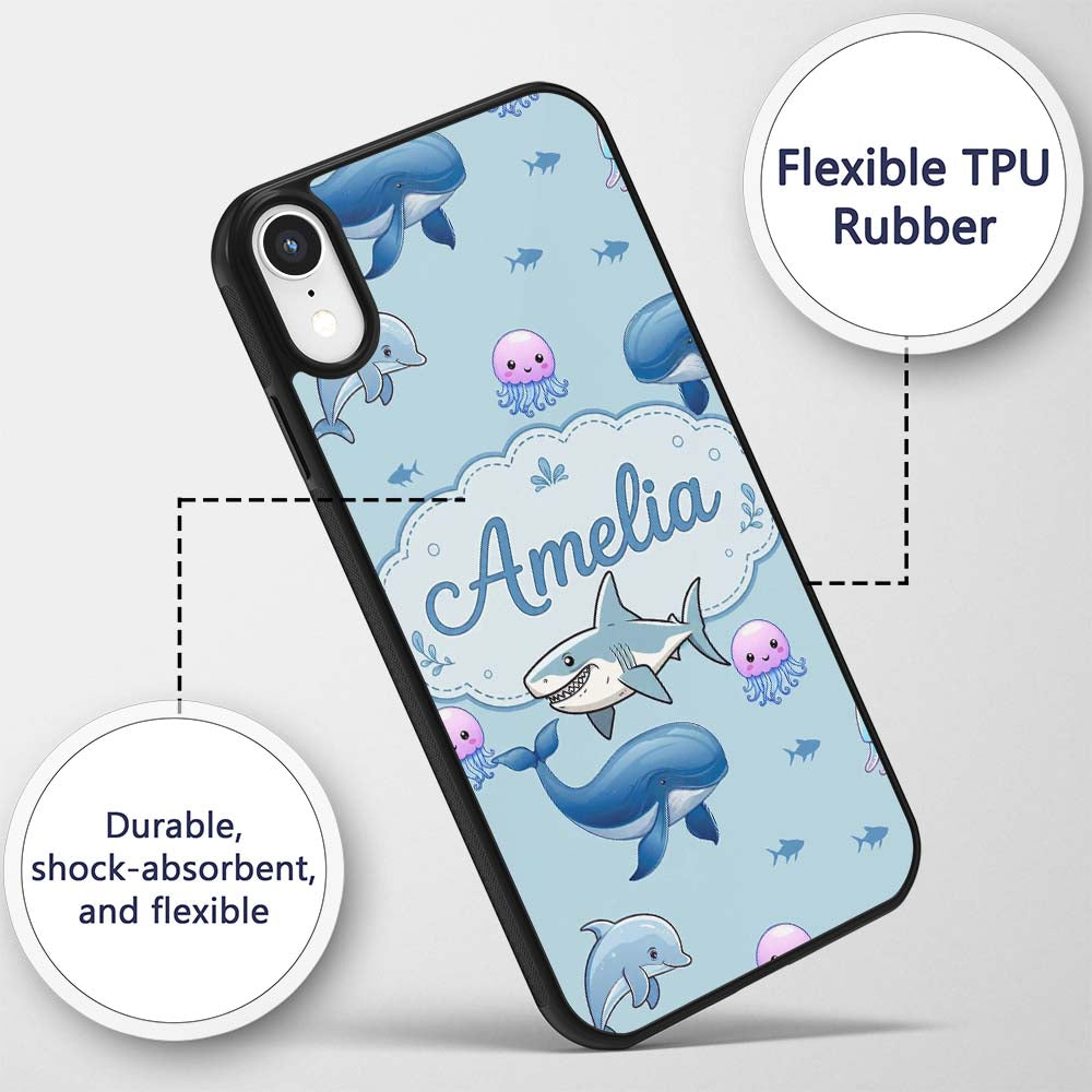 Cute Dolphin Shark and Jellyfish Ocean Animals Custom Name Protective Phone Case Mobile Cover Durable Everyday Smartphone Shock Resistant