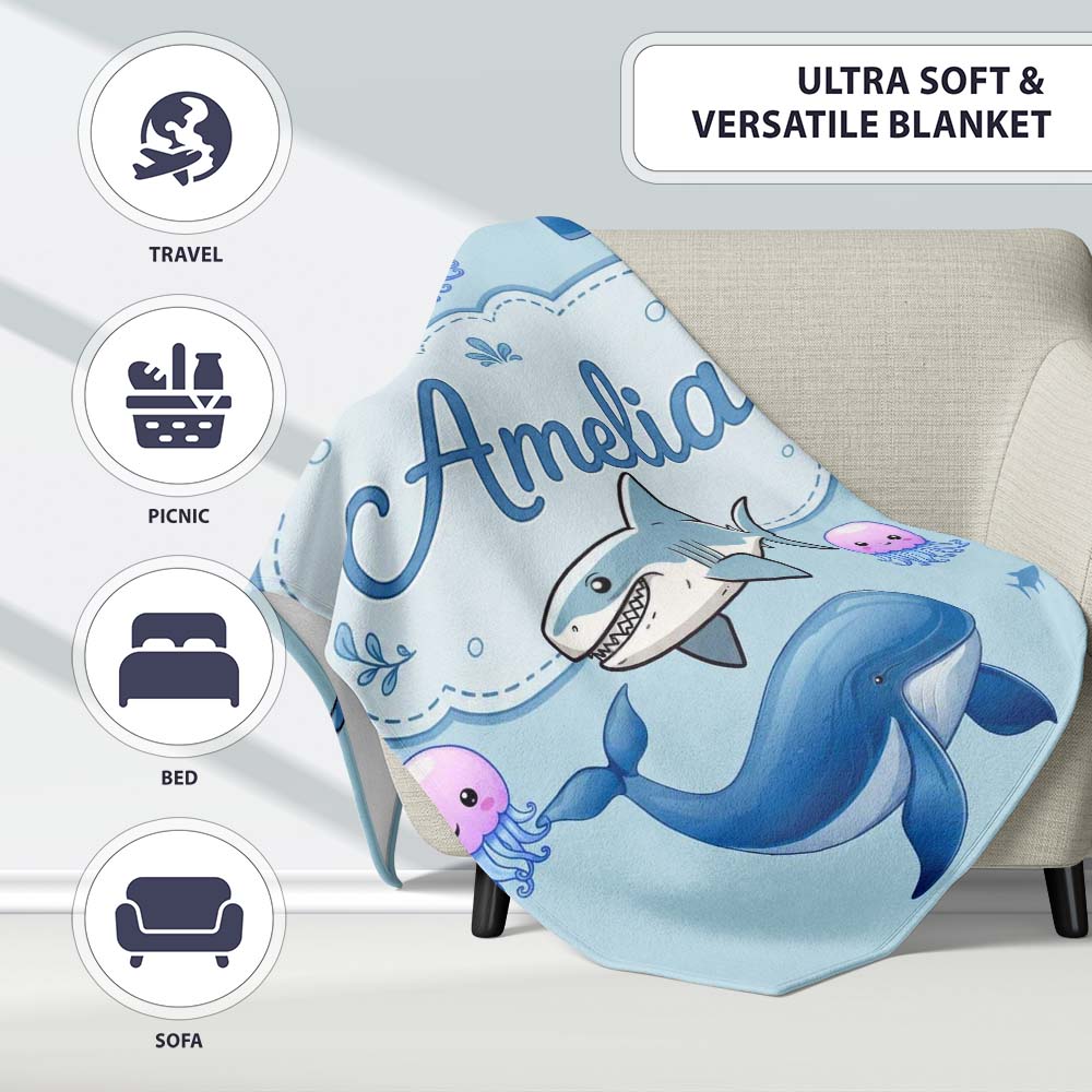 Cute Dolphin Shark and Jellyfish Ocean Animals Seamless Pattern Personalised Custom Name Super Soft Fleece Blanket Bed Sofa Throw