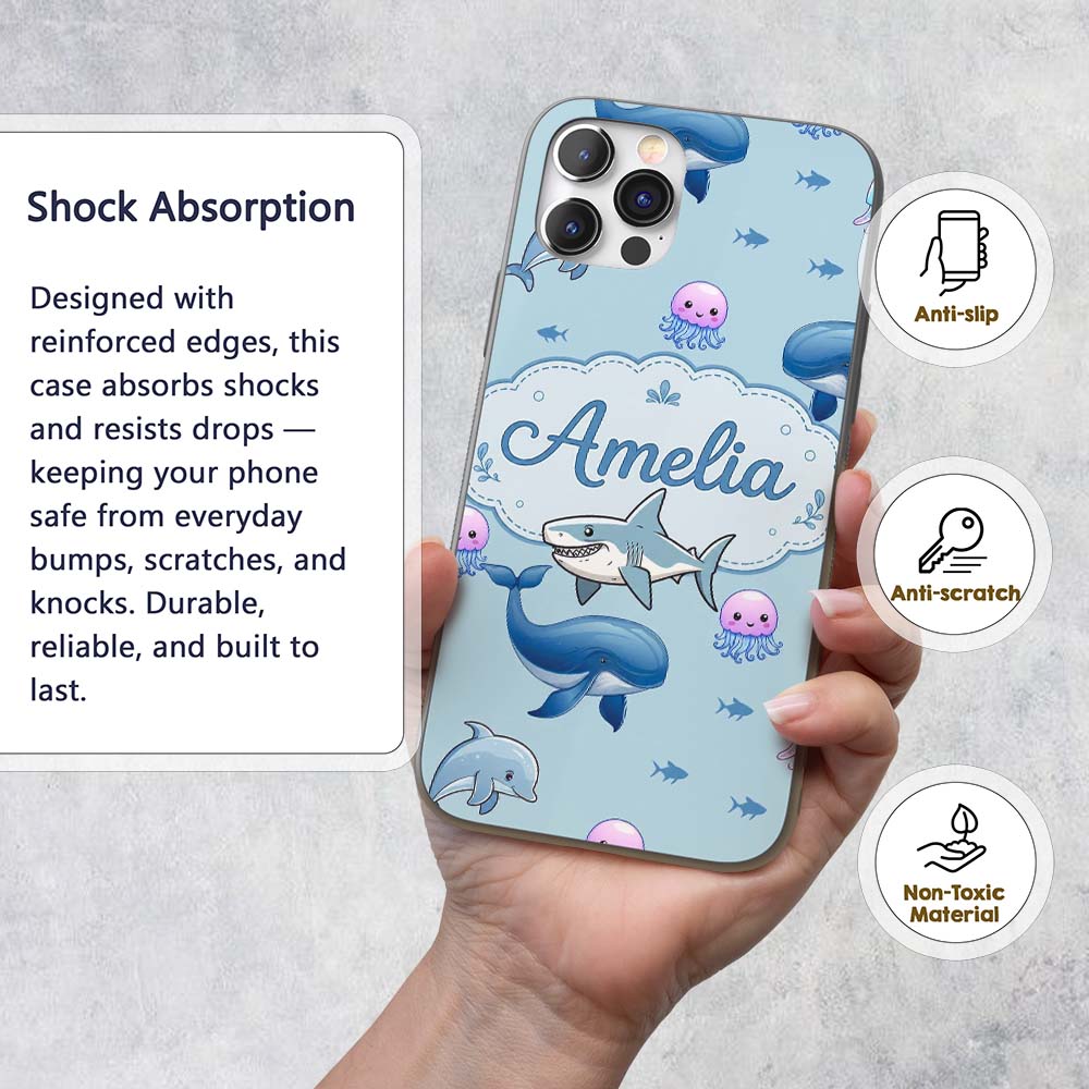 Cute Dolphin Shark and Jellyfish Ocean Animals Custom Name Protective Phone Case Mobile Cover Durable Everyday Smartphone Shock Resistant