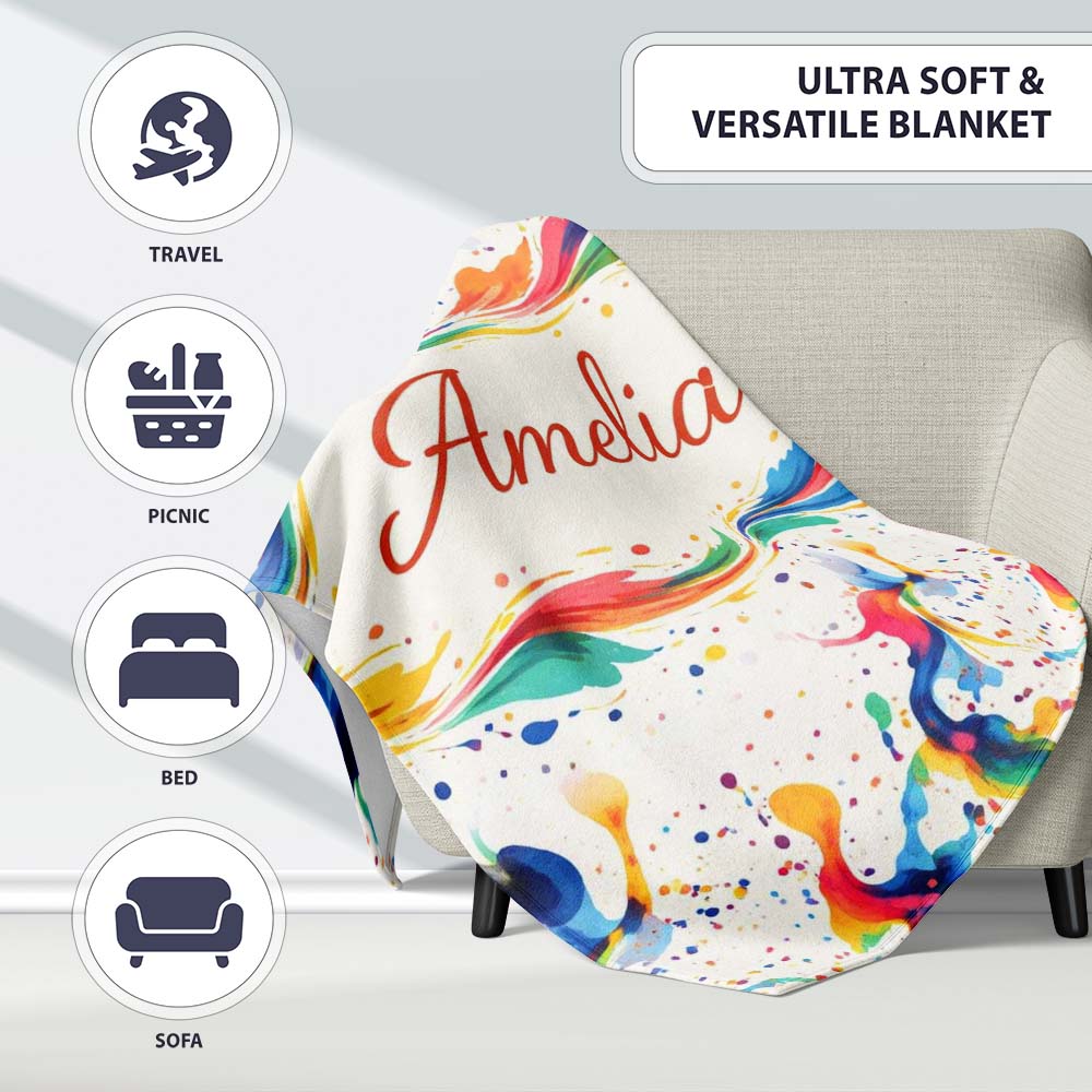 Soft Blush Watercolour Splash Pink Mint Abstract Pattern Lovely Personalised Custom Name Super Soft Fleece Blanket Bed Sofa Throw