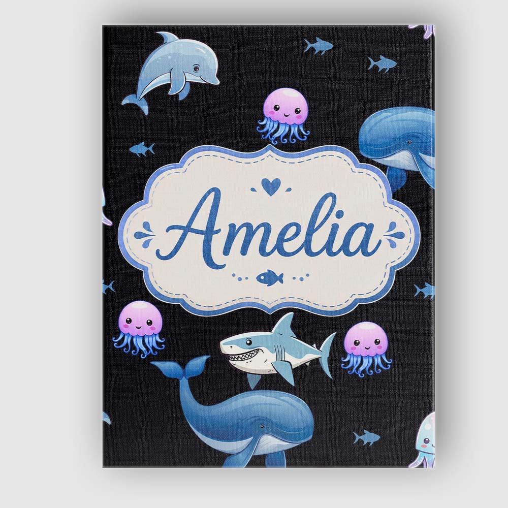 Personalised Name Cute Dolphin Shark and Custom Unique Gift Idea Elegant Feature Canvas Wall Art Print Decor Picture Ready to Hang