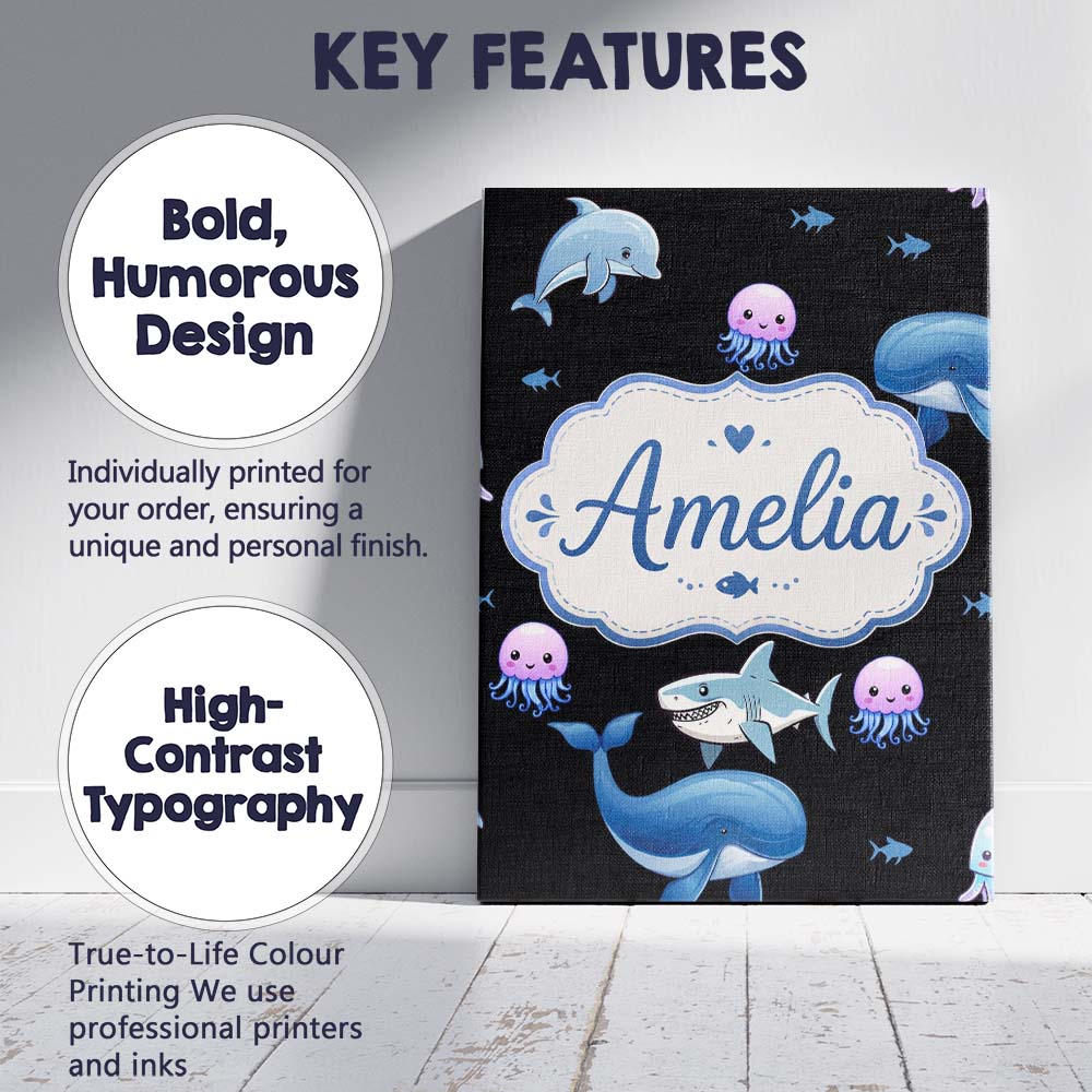 Personalised Name Cute Dolphin Shark and Custom Unique Gift Idea Elegant Feature Canvas Wall Art Print Decor Picture Ready to Hang
