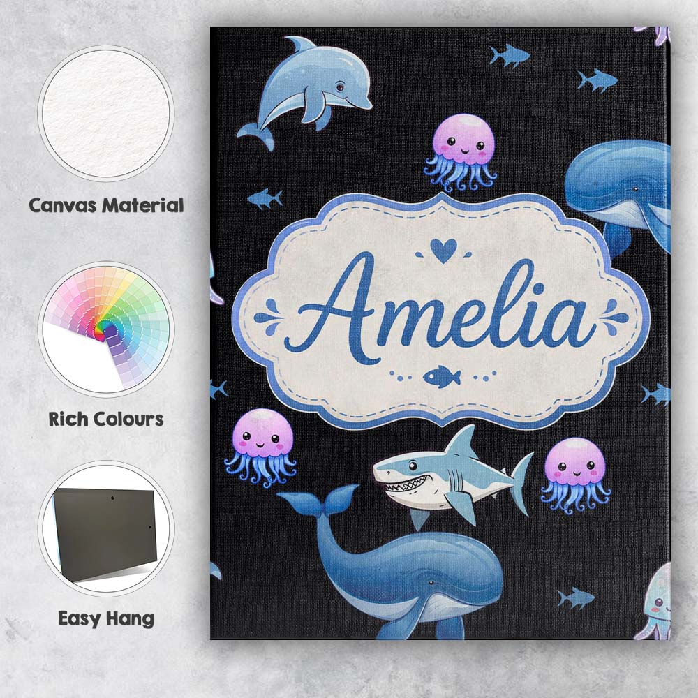Personalised Name Cute Dolphin Shark and Custom Unique Gift Idea Elegant Feature Canvas Wall Art Print Decor Picture Ready to Hang