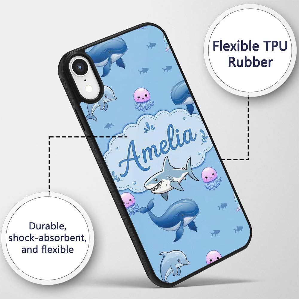Cute Dolphin Shark and Jellyfish Ocean Animals Custom Name Protective Phone Case Mobile Cover Durable Everyday Smartphone Shock Resistant