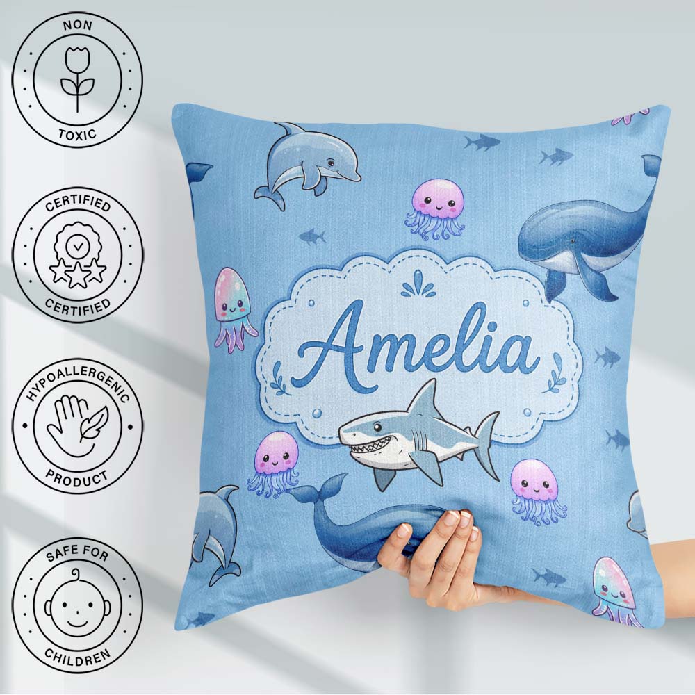Custom Name Cute Dolphin Shark and Ocean Animals Blue Background Square Filled Cushion Throw Pillow Sofa Bed Home Decor Zip Washable UK Made