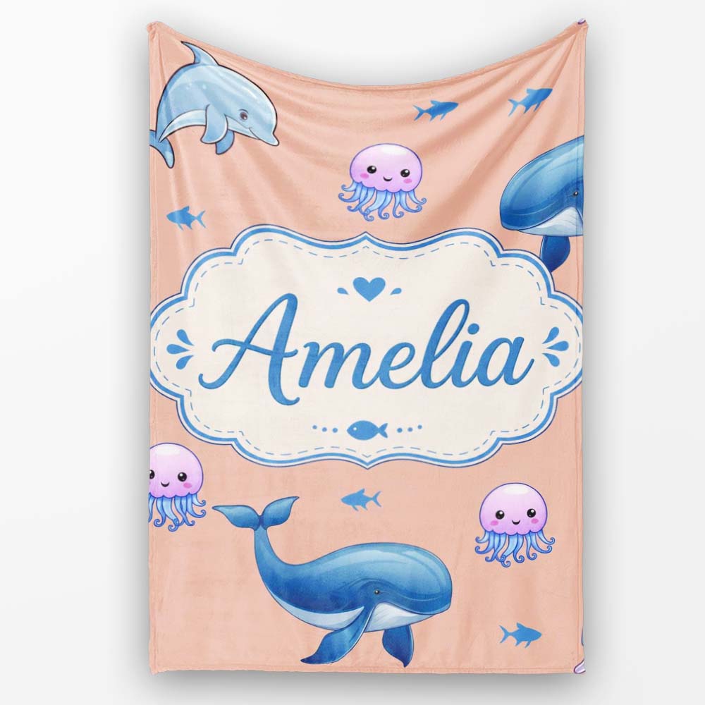Cute Dolphin Shark and Jellyfish Ocean Animals Peach Background Personalised Custom Name Super Soft Fleece Blanket Bed Sofa Throw