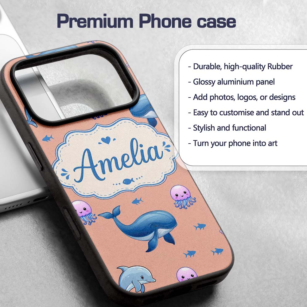 Cute Dolphin Shark and Jellyfish Ocean Animals Custom Name Protective Phone Case Mobile Cover Durable Everyday Smartphone Shock Resistant