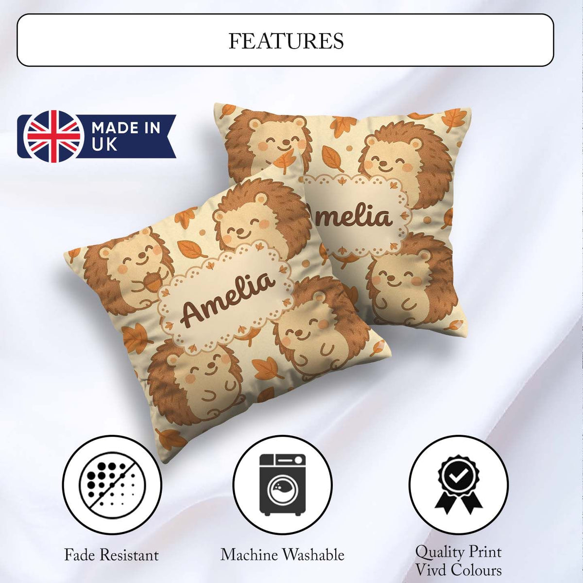 Custom Name Cute Hedgehog Autumn Cartoon Animal Pattern Coffee Square Filled Cushion Throw Pillow Sofa Bed Home Decor Zip Washable UK Made