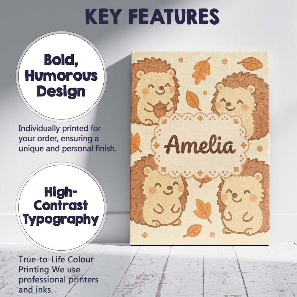 Personalised Name Cute Hedgehog Autumn Cartoon Animal Pattern Custom Contemporary Display Canvas Wall Art Print Decor Picture Ready to Hang