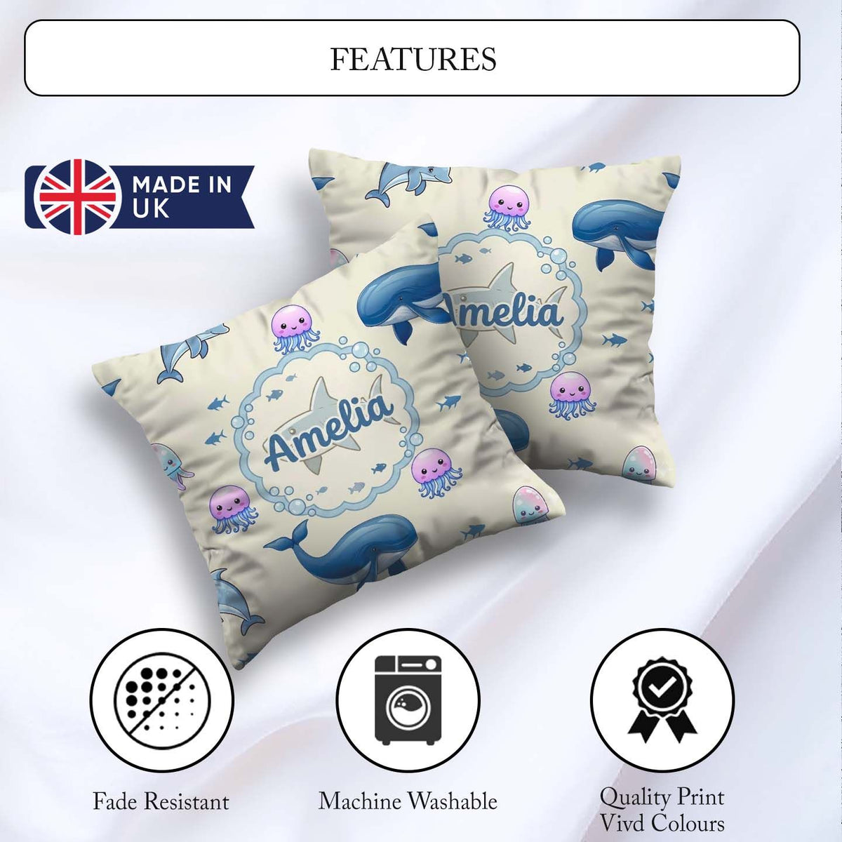 Custom Name Cute Dolphin Shark and Jellyfish Ocean Animals Beige Square Filled Cushion Throw Pillow Sofa Bed Home Decor Zip Washable UK Made