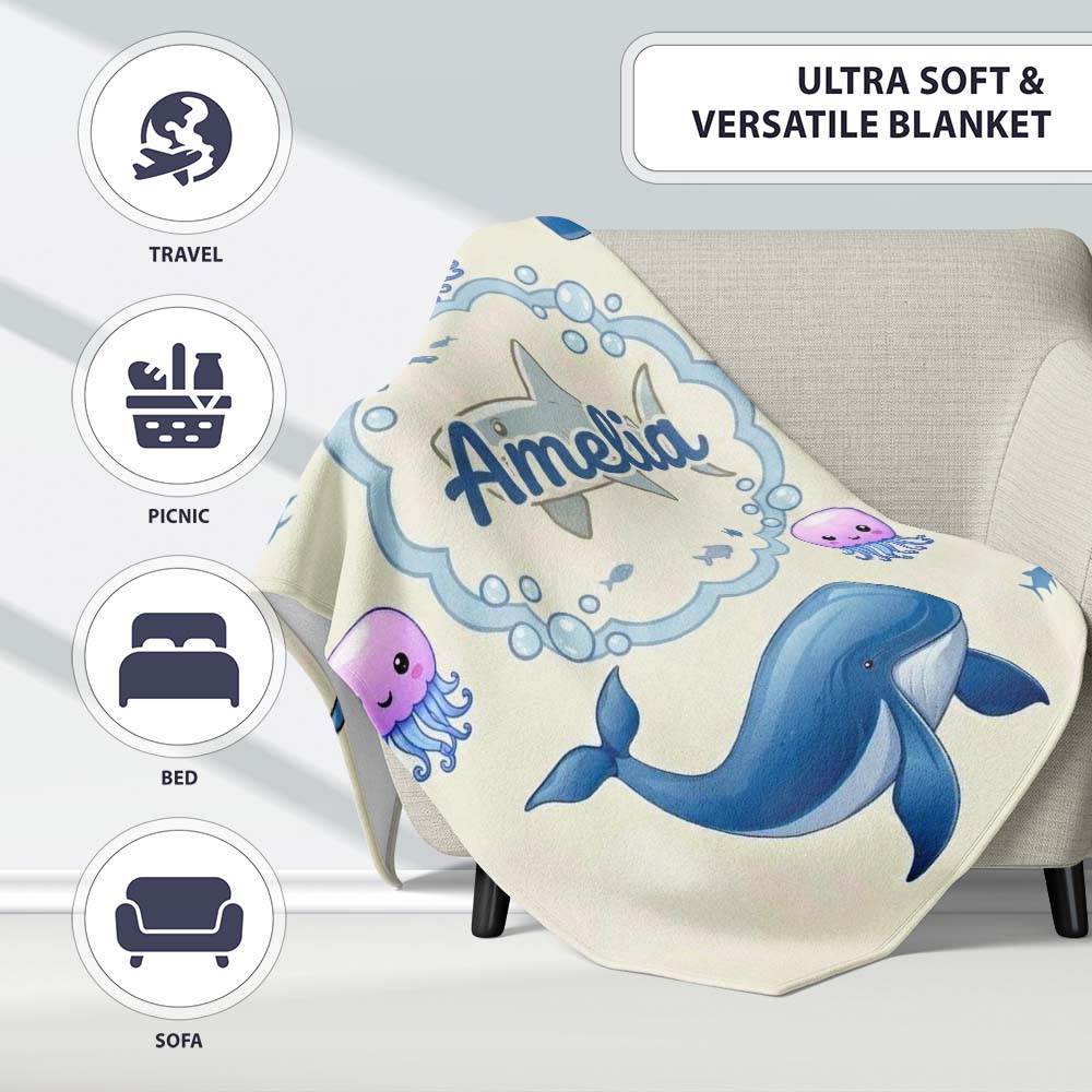 Cute Dolphin Shark and Jellyfish Ocean Animals Neutral Beige Lovely Personalised Custom Name Super Soft Fleece Blanket Bed Sofa Throw