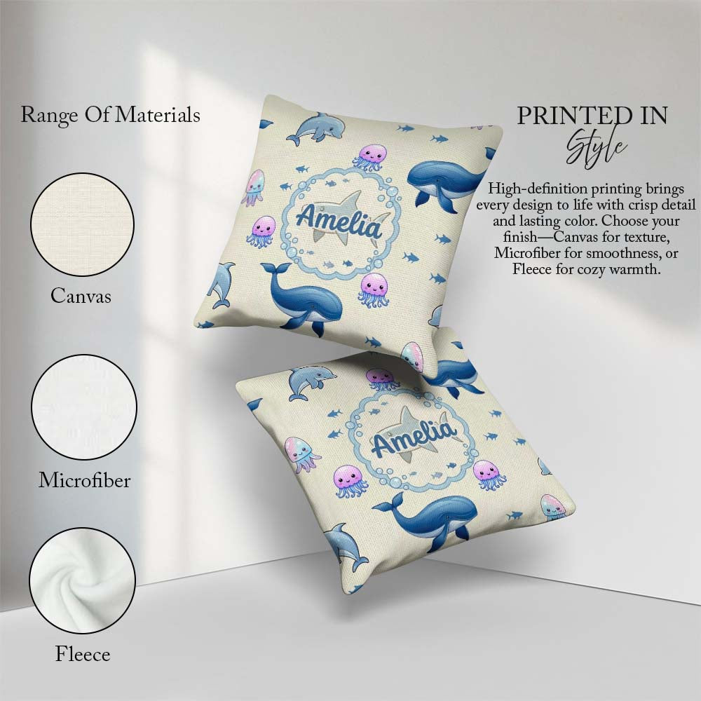 Custom Name Cute Dolphin Shark and Jellyfish Ocean Animals Beige Square Filled Cushion Throw Pillow Sofa Bed Home Decor Zip Washable UK Made