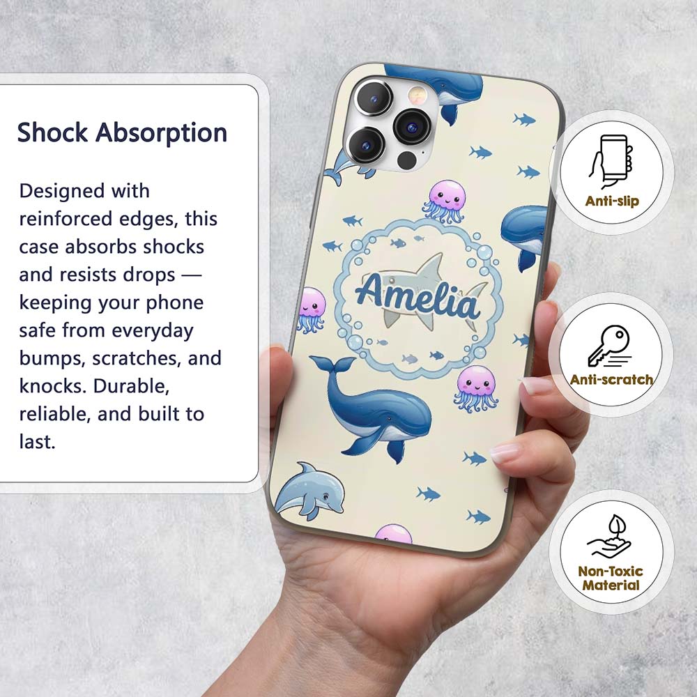 Cute Dolphin Shark and Jellyfish Ocean Animals Custom Name Protective Phone Case Mobile Cover Durable Everyday Smartphone Shock Resistant