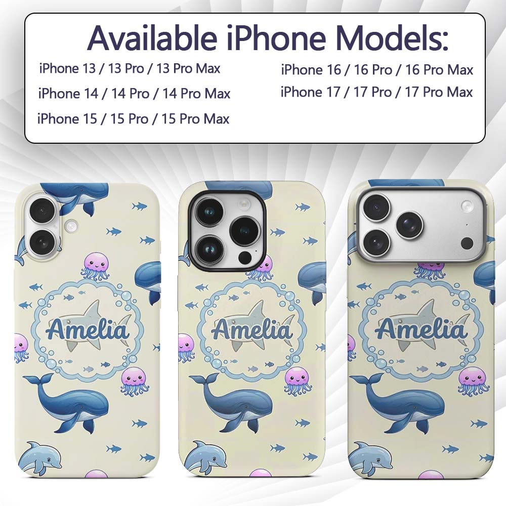Cute Dolphin Shark and Jellyfish Ocean Animals Custom Name Protective Phone Case Mobile Cover Durable Everyday Smartphone Shock Resistant