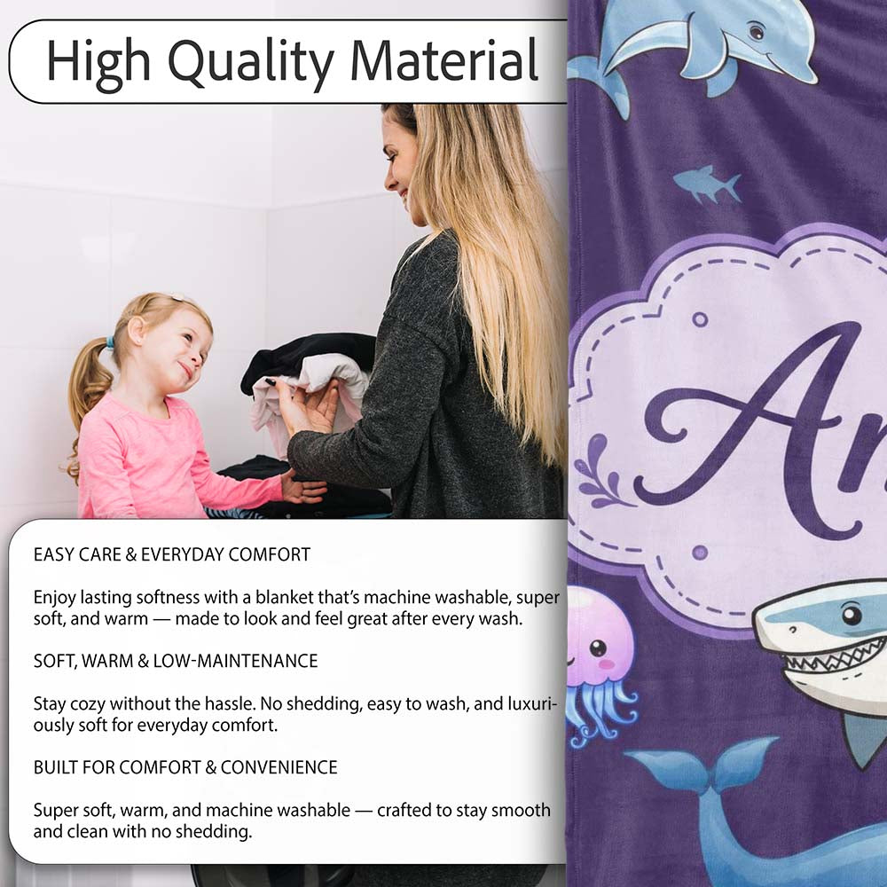 Cute Dolphin Shark and Jellyfish Ocean Animals Purple Background Personalised Custom Name Super Soft Fleece Blanket Bed Sofa Throw