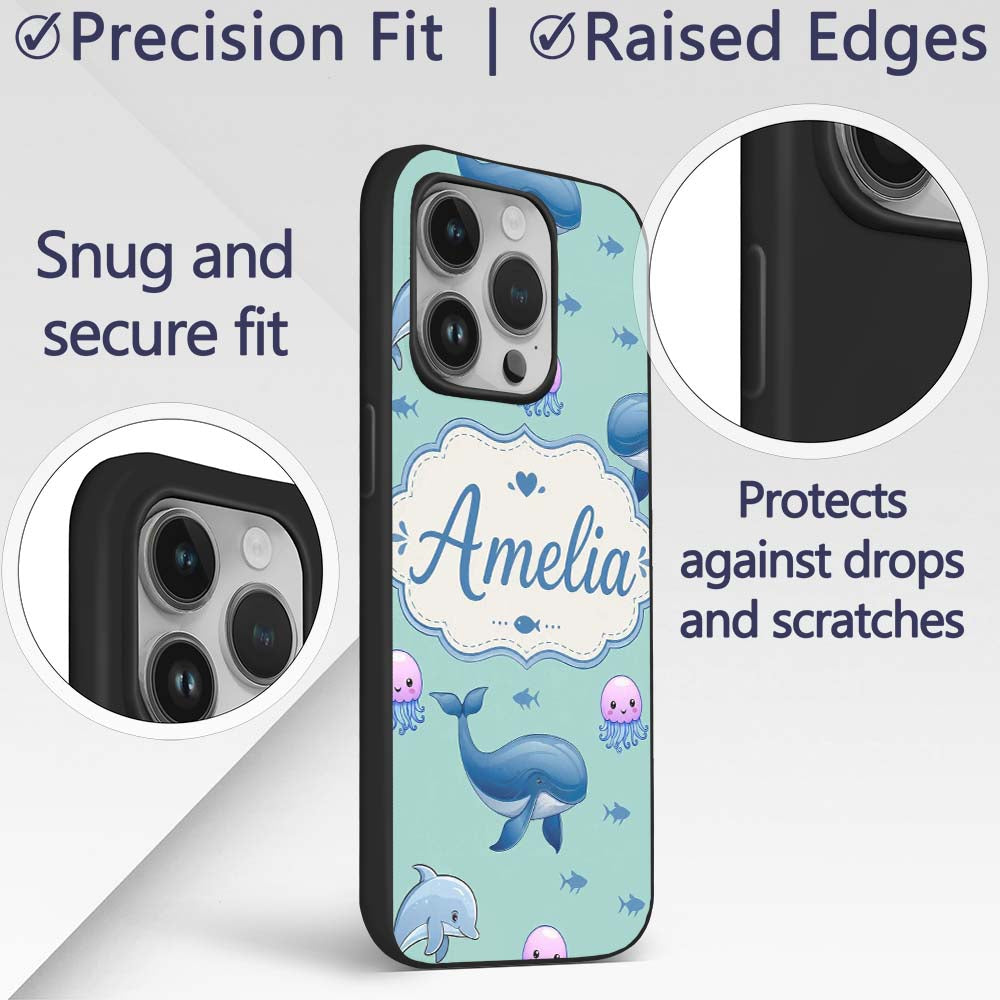 Cute Dolphin Shark and Jellyfish Ocean Animals Custom Name Protective Phone Case Mobile Cover Durable Everyday Smartphone Shock Resistant