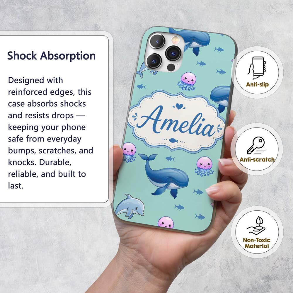 Cute Dolphin Shark and Jellyfish Ocean Animals Custom Name Protective Phone Case Mobile Cover Durable Everyday Smartphone Shock Resistant