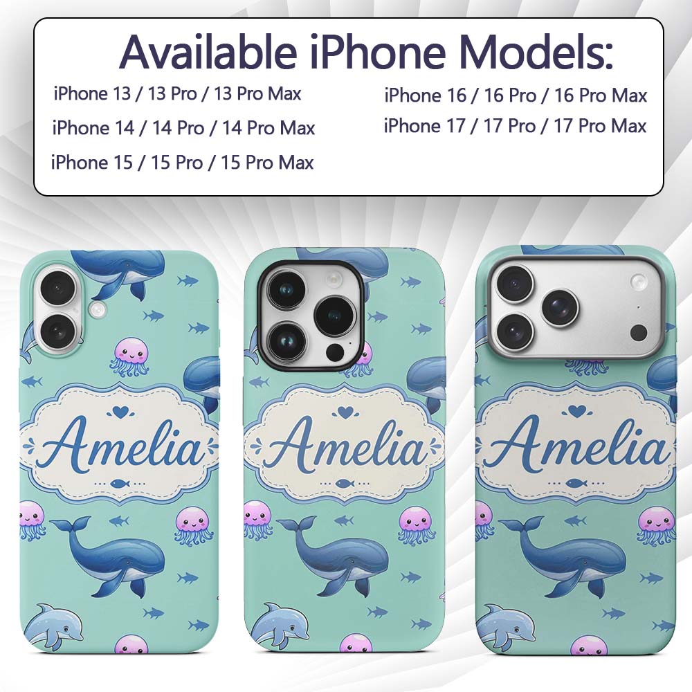 Cute Dolphin Shark and Jellyfish Ocean Animals Custom Name Protective Phone Case Mobile Cover Durable Everyday Smartphone Shock Resistant
