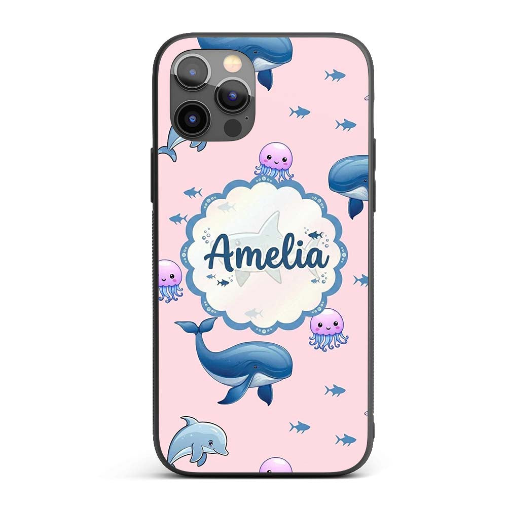 Cute Dolphin Shark and Jellyfish Ocean Animals Custom Name Protective Phone Case Mobile Cover Durable Everyday Smartphone Shock Resistant