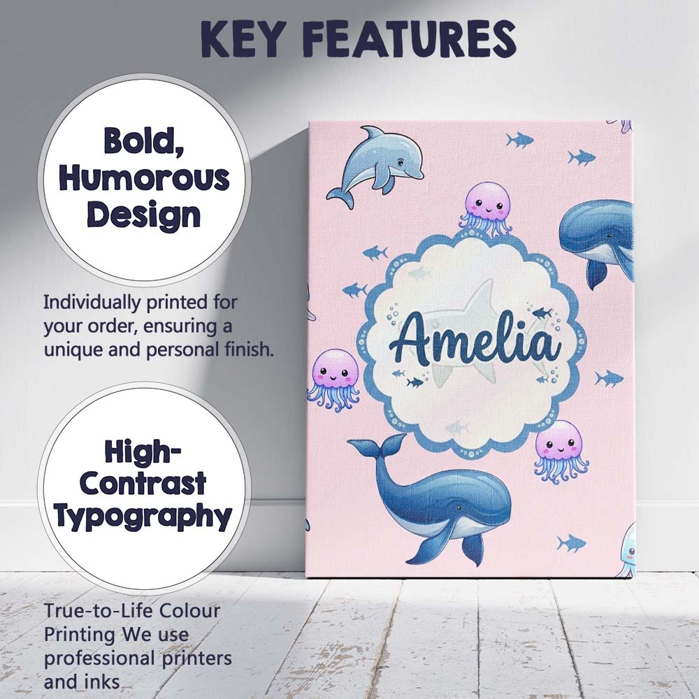 Personalised Name Cute Dolphin Shark and Custom Unique Gift Idea Elegant Feature Canvas Wall Art Print Decor Picture Ready to Hang