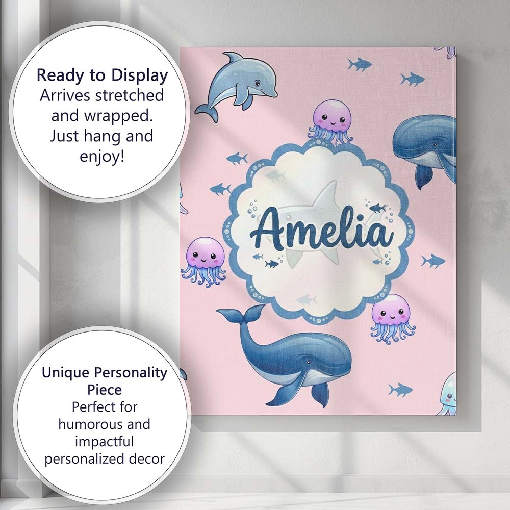 Personalised Name Cute Dolphin Shark and Custom Unique Gift Idea Elegant Feature Canvas Wall Art Print Decor Picture Ready to Hang