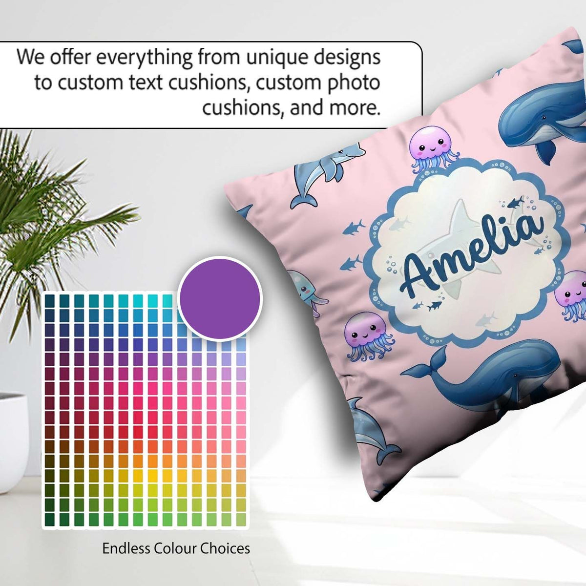 Custom Name Dolphin Shark and Ocean Animals Soft Pink Background Square Filled Cushion Throw Pillow Sofa Bed Home Decor Zip Washable UK Made