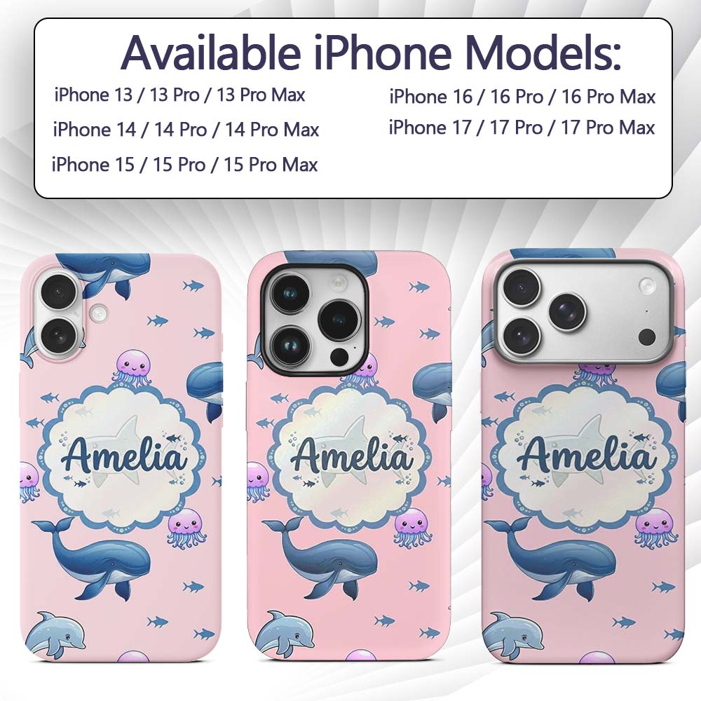 Cute Dolphin Shark and Jellyfish Ocean Animals Custom Name Protective Phone Case Mobile Cover Durable Everyday Smartphone Shock Resistant