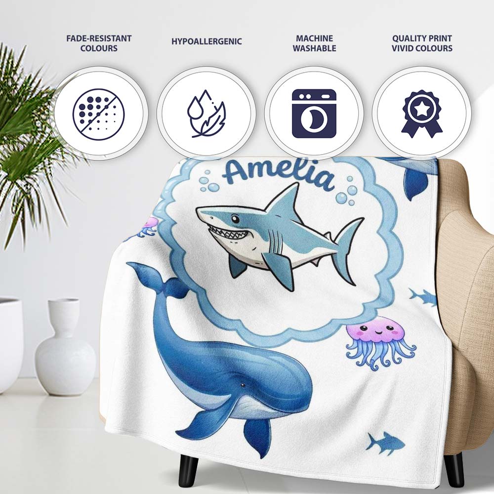 Cute Dolphin Shark and Jellyfish Ocean Animals Light Grey Background Personalised Custom Name Super Soft Fleece Blanket Bed Sofa Throw